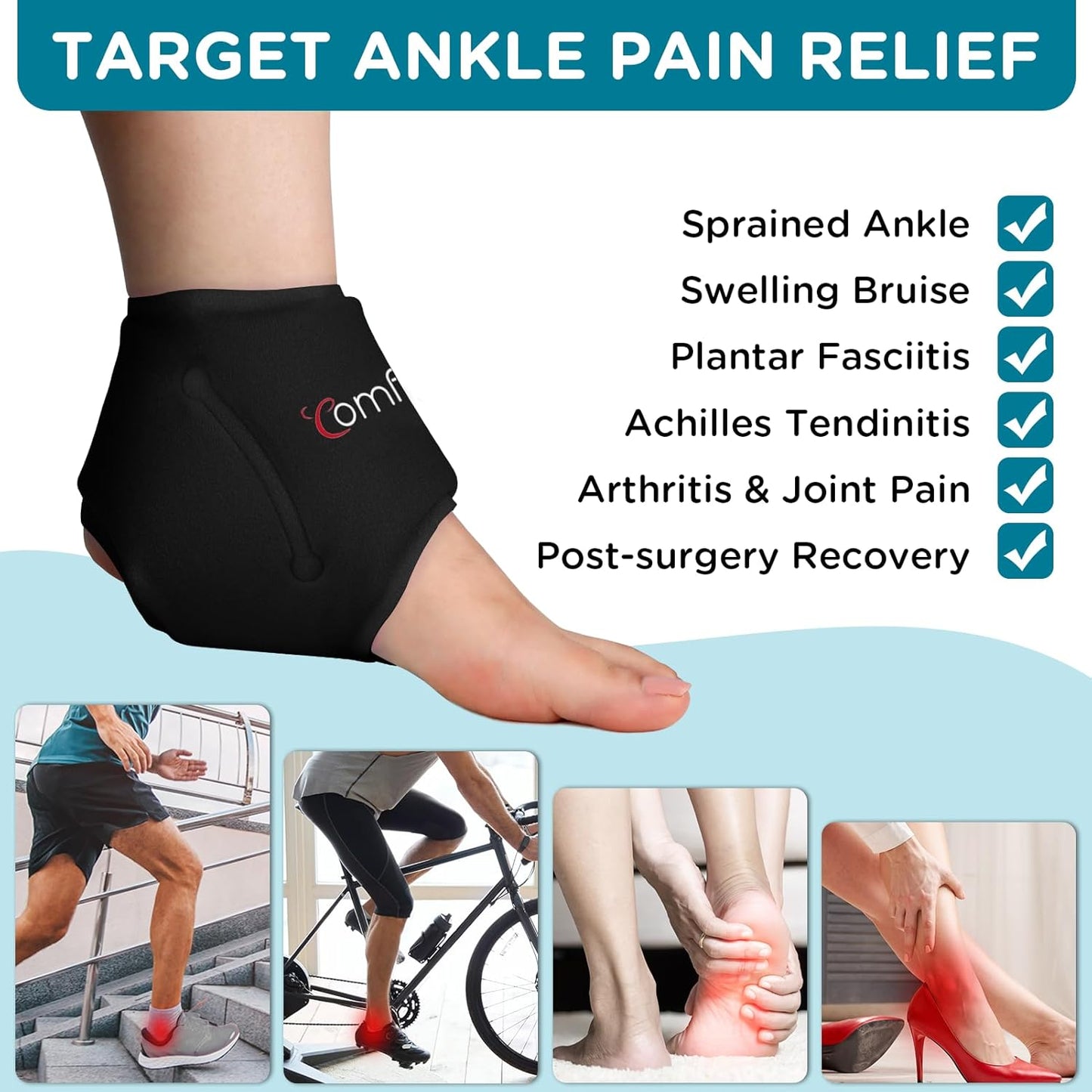 Comfytemp Ankle Ice Pack Wrap for Swelling, Plantar Fasciitis, Foot Pain Relief, Gel Packs for Injury Reusable, Hot Cold Compress for Achilles Tendonitis, Heel Spur, Sprain, Swelling, 2 Packs (Black)