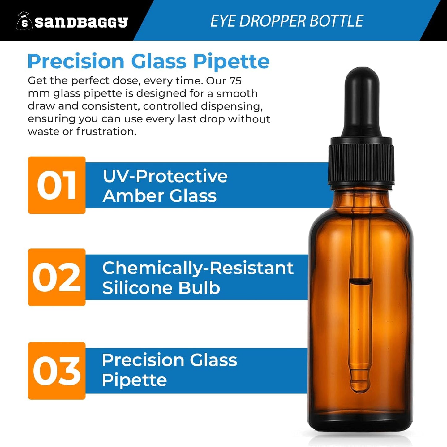 Sandbaggy 1oz Amber Glass Dropper Bottles - BPA Free, UV Protected - 75 mm Glass Pipette, Silicone Bulb (400)