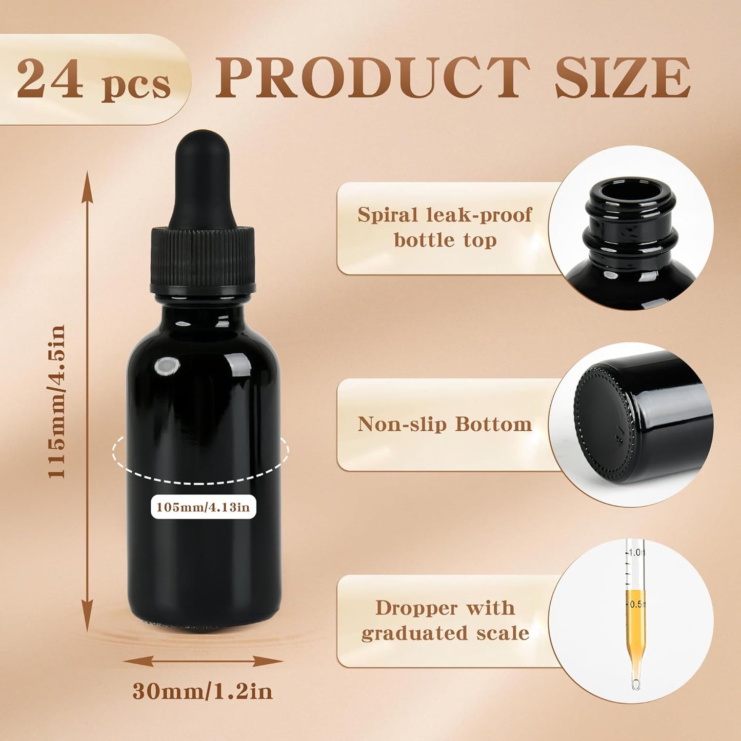 BILLIONSTARS 24 Pack 2oz Glass Boston Round Bottle with Graduated Calibrated Glass Pipettes - UV Black - Tincture Bottles for Essential Oils, Liquids - Leakproof Travel Bottles