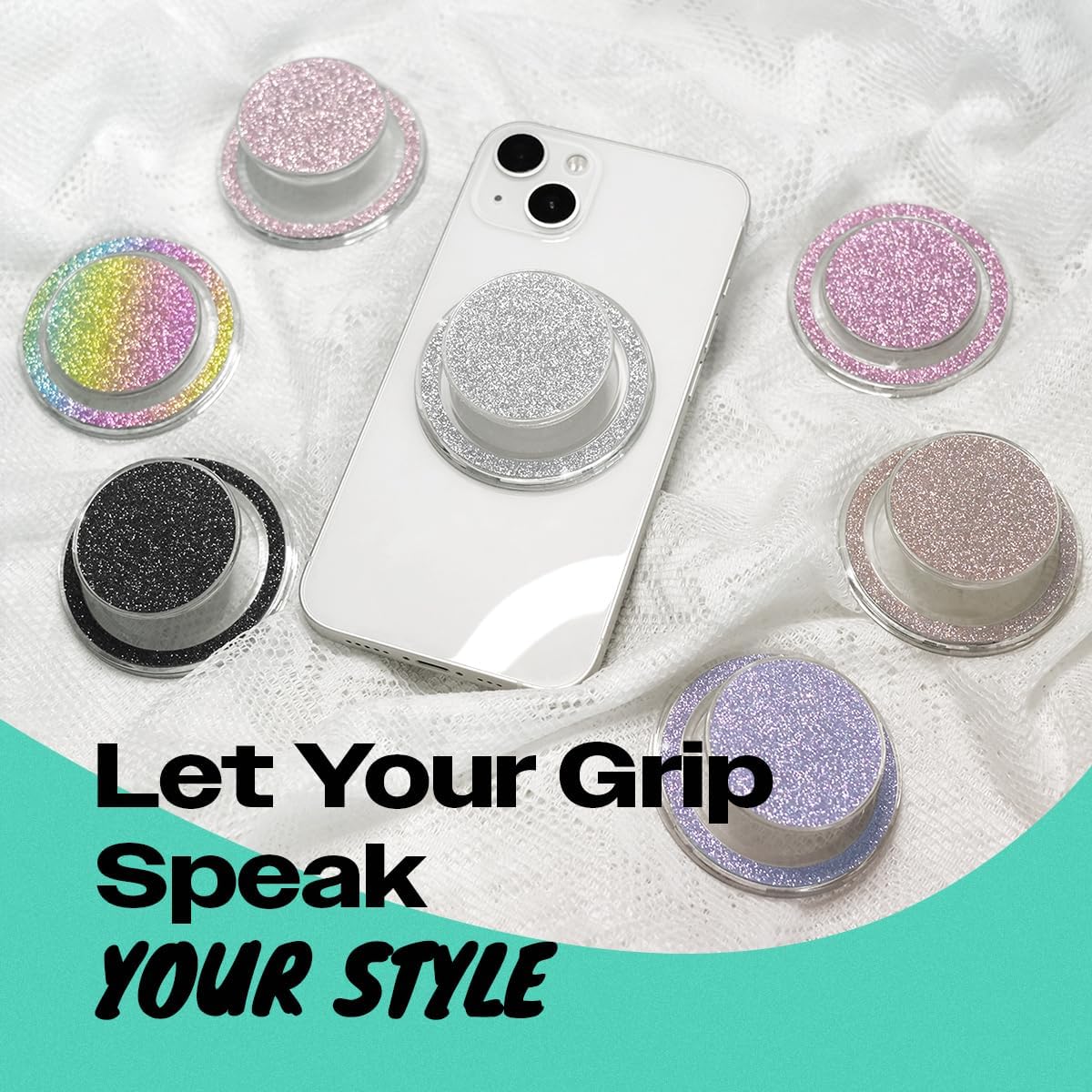 Bling Bling Glitter Phone Grip & Stand - Elegant Magsafe Compatible Phone Holder for Secure Grip and Hands-Free Viewing (Silver)