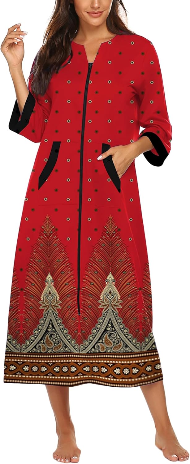 Ekouaer Women Zipper Robe 3/4 Sleeves Loungewear Dress Full Length Sleepwear Pockets Housecoat Nightgown Long Bathrobe