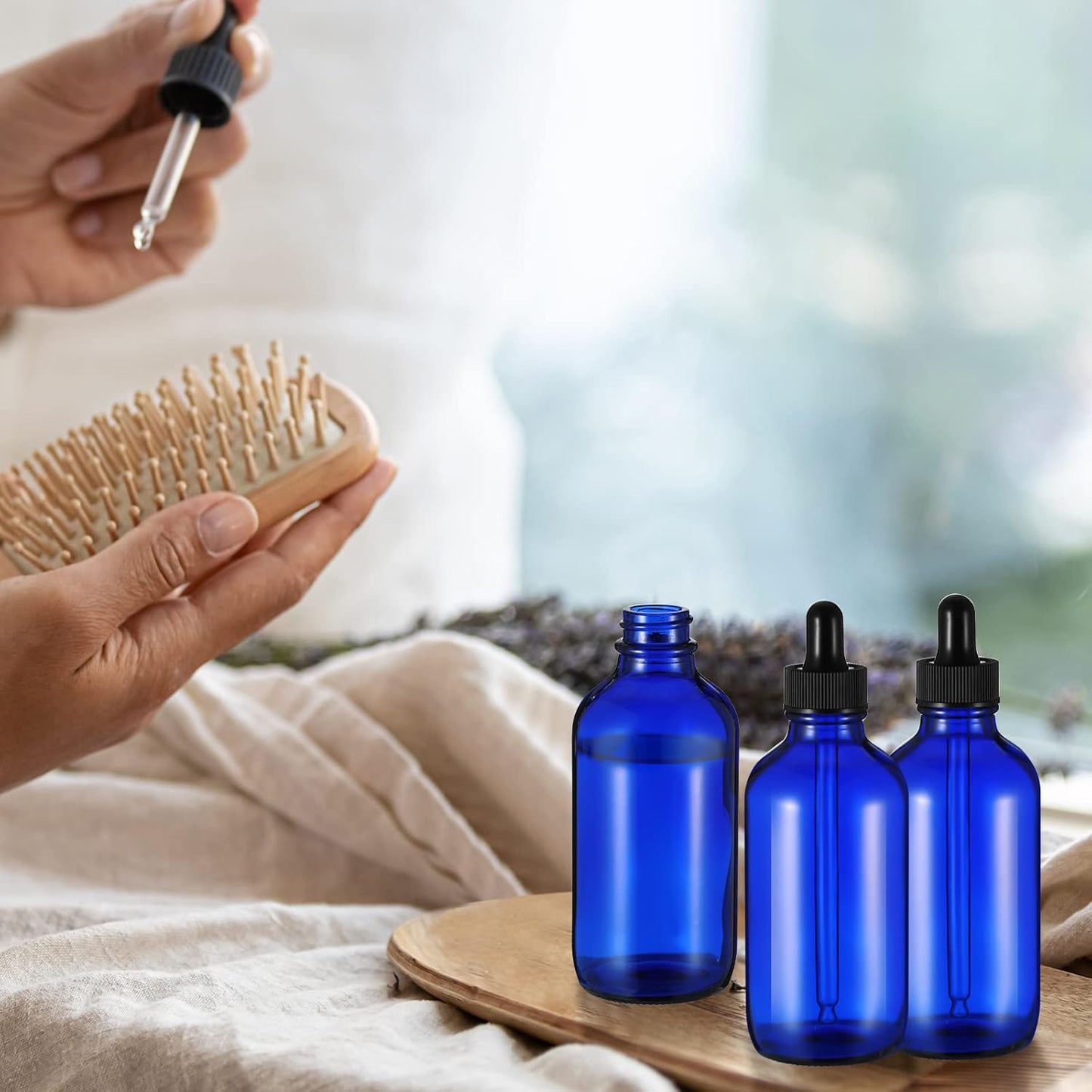 Dandat 50 Pack 4 oz Glass Dropper Bottles Leakproof 120 ml Glass Tincture Bottles with Eye Droppers, 4 Funnels, 54 Labels for Essential Oil Perfumes Hair Oil(Blue)