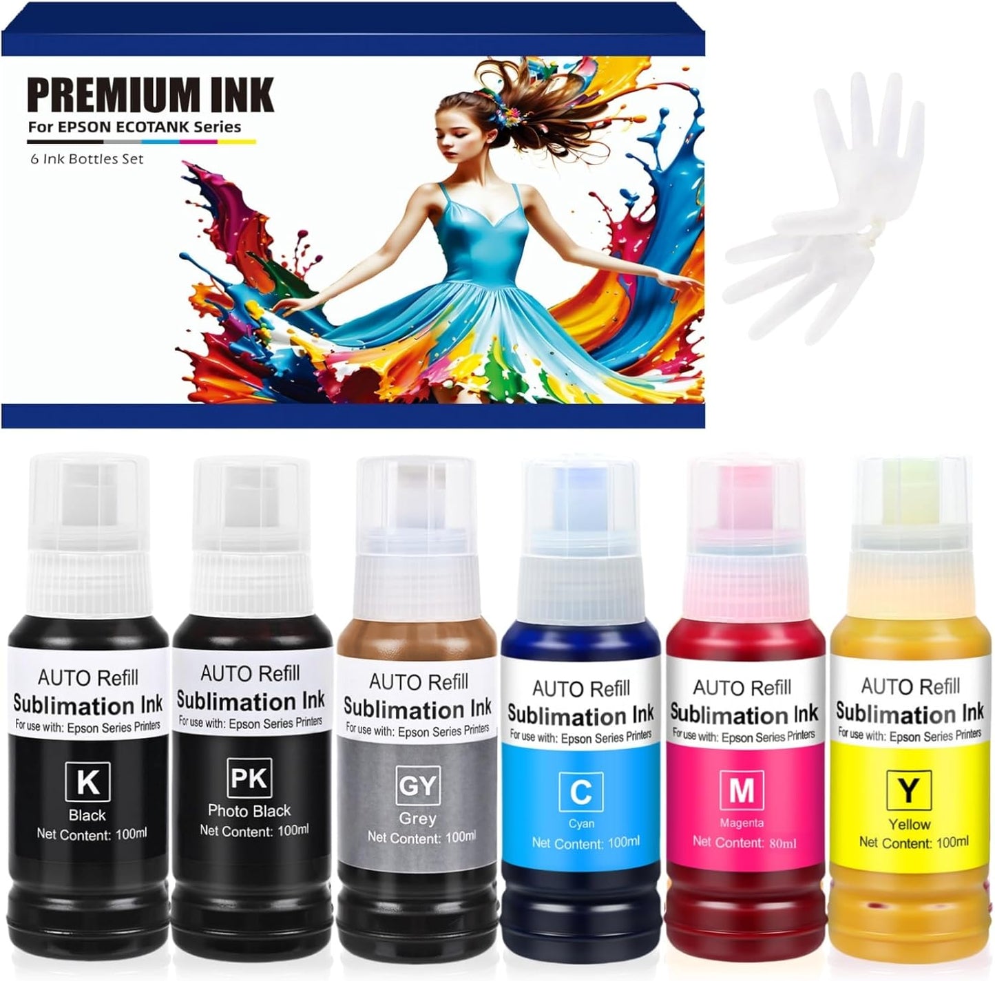 Sublimation Ink Refill Bottle Use for EcoTank Photo ET-8550, EcoTank Photo ET-8500（BK PBK C M Y GY, 600ml）