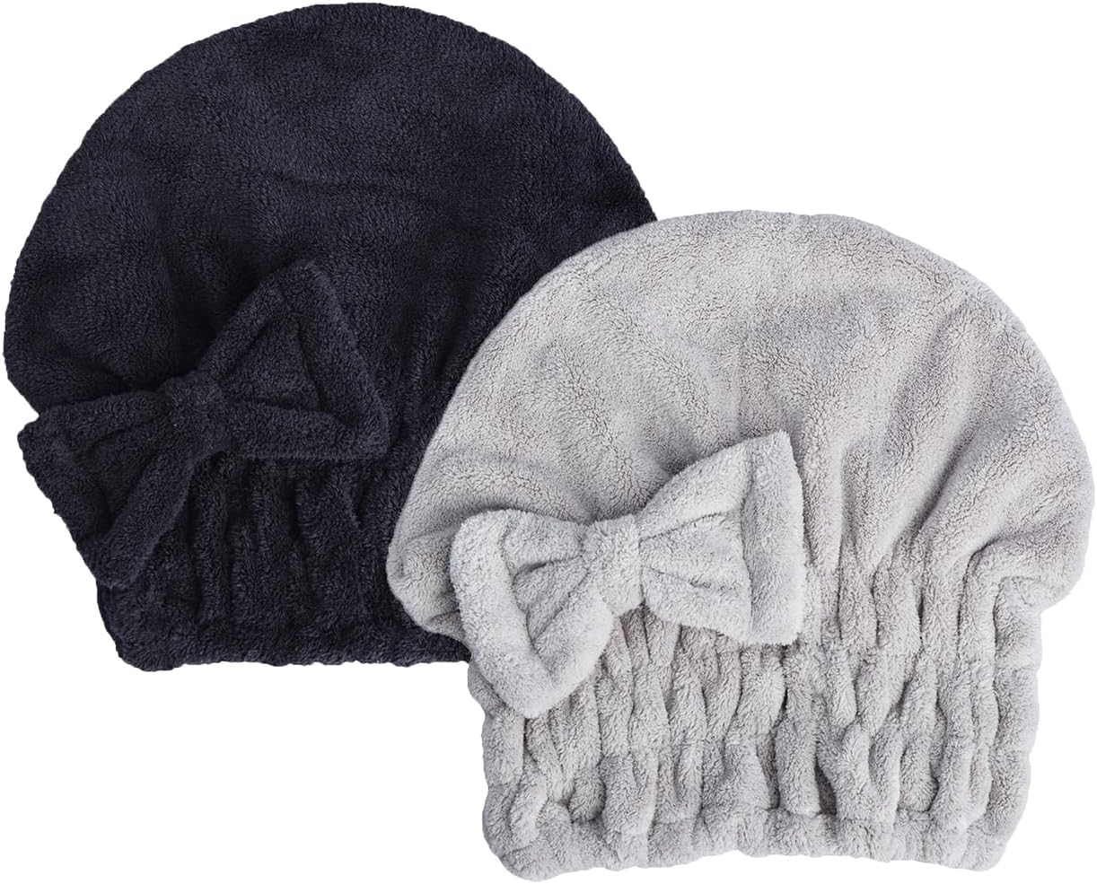 HOPESHINE Microfiber Hair Towel Cap for Women Wet Short or Long Curly Hair Super Absorbent Quick Dry Turbans Anti Frizz Great Gift for Women and Girls (Black+Grey, 2)