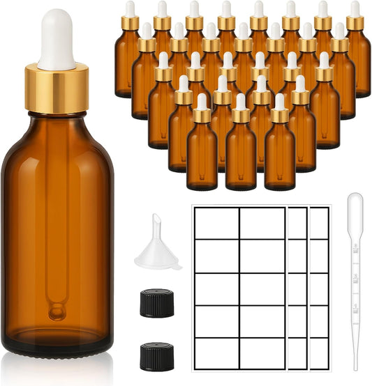 28 Pack 2oz Amber Glass Dropper Bottles with Gold Lids, Funnels, Droppers, Extra Caps & Labels – Leakproof, UV Resistant 60ml Empty Bottle for Tinctures, Essential Oils, Beard & Hair Oils