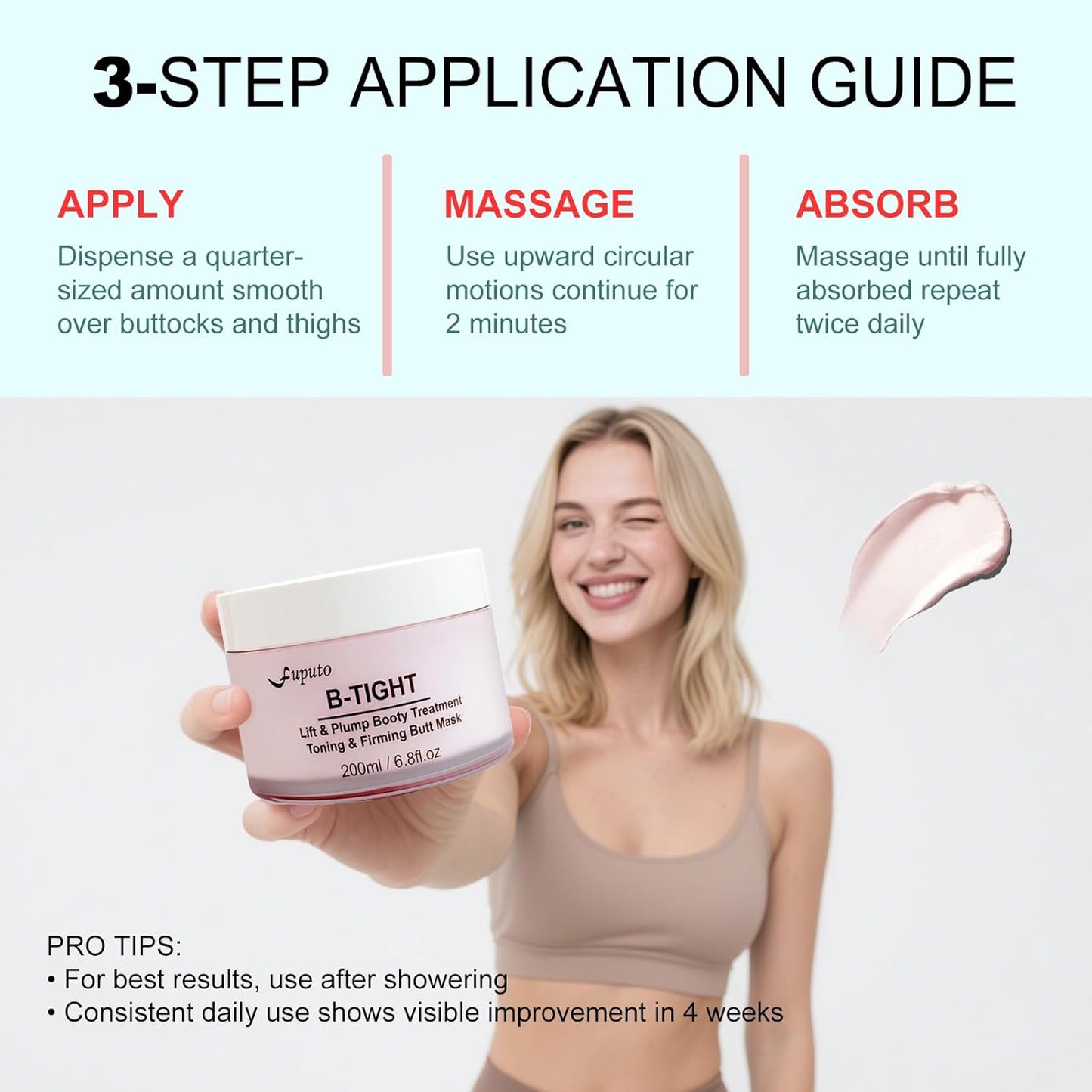 B-TIGHT Body Cream, 200ml Leave-On Booty Enhancing Mask, Firming & Moisturizing Cream, Leave-On Cellulite Mask - Improves Skin Tightness in Buttock Area, Lift sagging skin - 6.76 oz