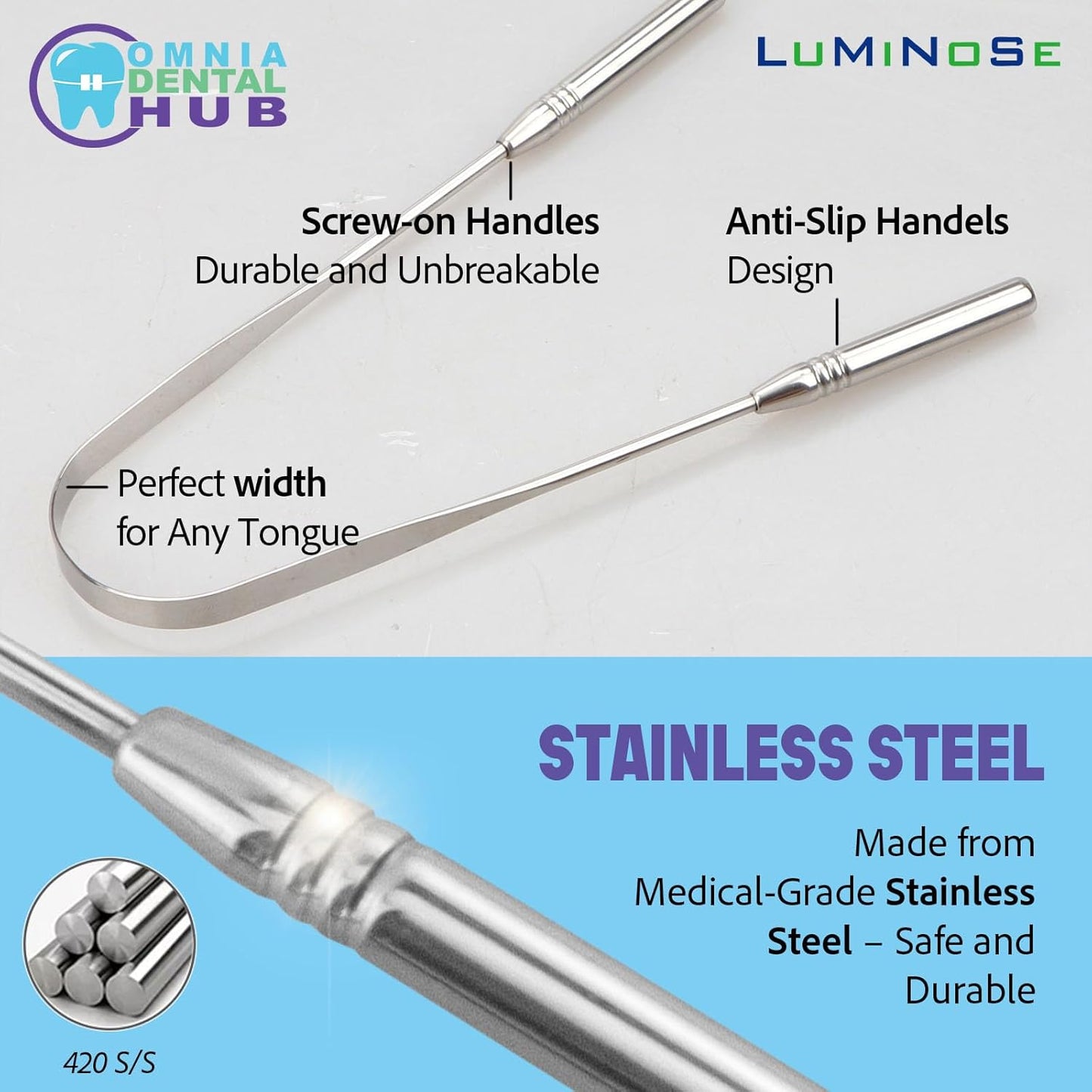 3PCs Medical Grade Tongue Scraper by Omnia One | Stainless Steel Tongue Cleaner, Metal Tongue Scraper with Travel Bag | Tongue Scrubber for Bad Breath, Boost Oral Hygiene