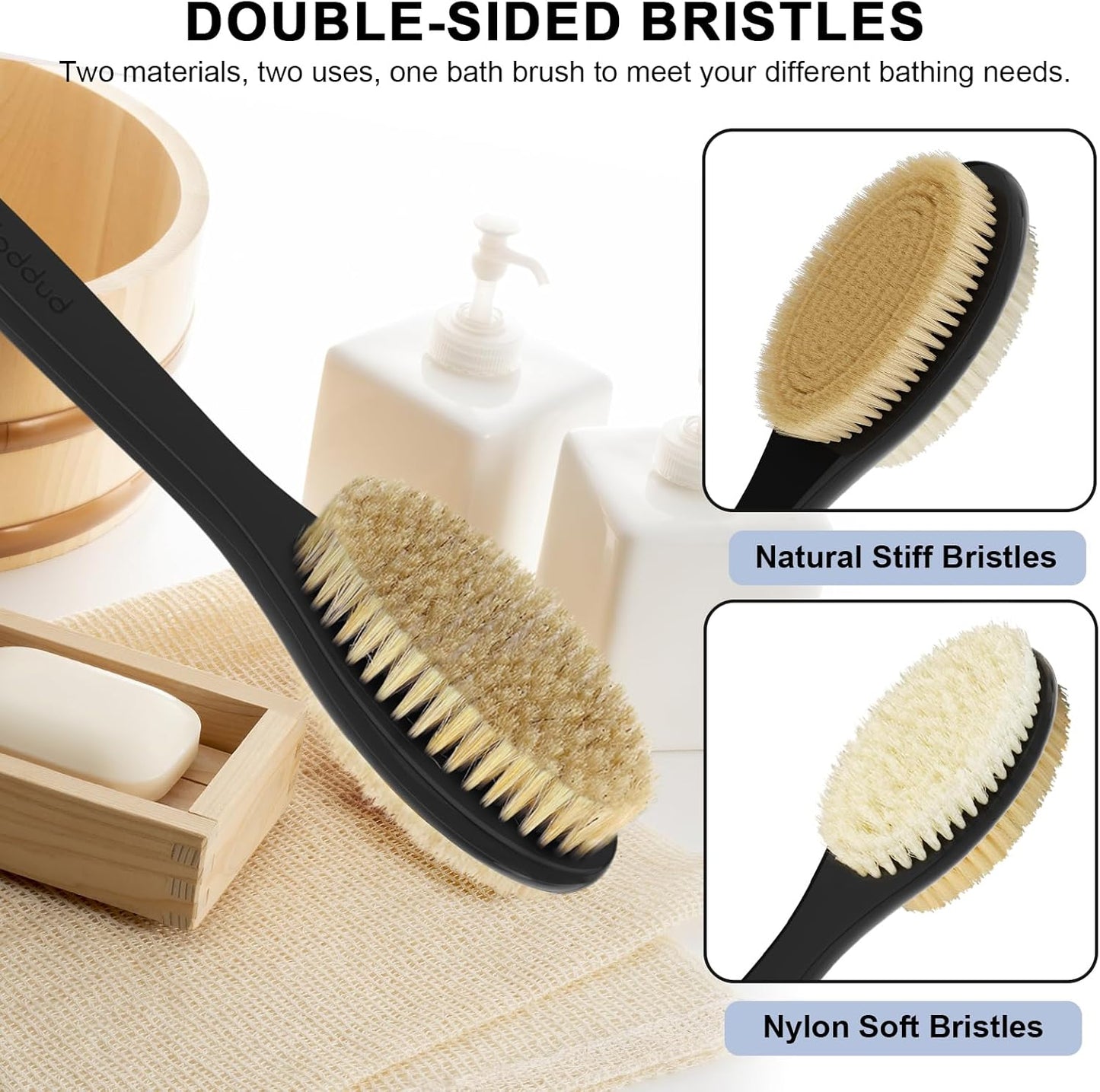 Back Scrubber, Back Scrubber for Shower, Bath Brush Long Handle for Shower with Double Sided Bristles for Wet or Dry Brushing (Black)