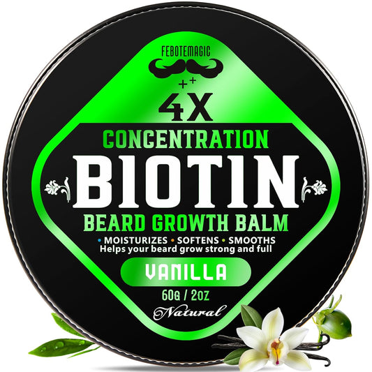 Biotin Beard Growth Balm for Men – Conditioning & Thickening Balm with Castor, Shea & Jojoba Oils – Non-Greasy, Softens & Nourishes for Fuller, Thicker Facial Hair – Vanilla Scent – 2 oz