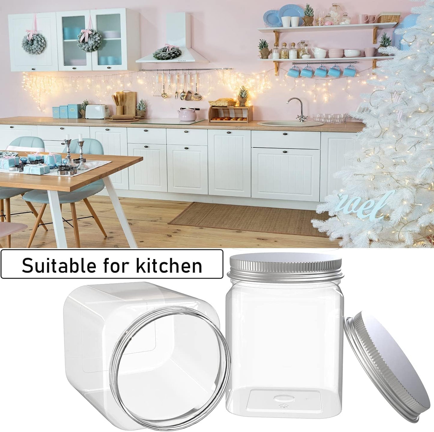 MANSHU 2 Pack 24 Oz Clear plastic jar, Refillable Kitchen Storage Containers, For Kitchen & Household, Aluminum cap.