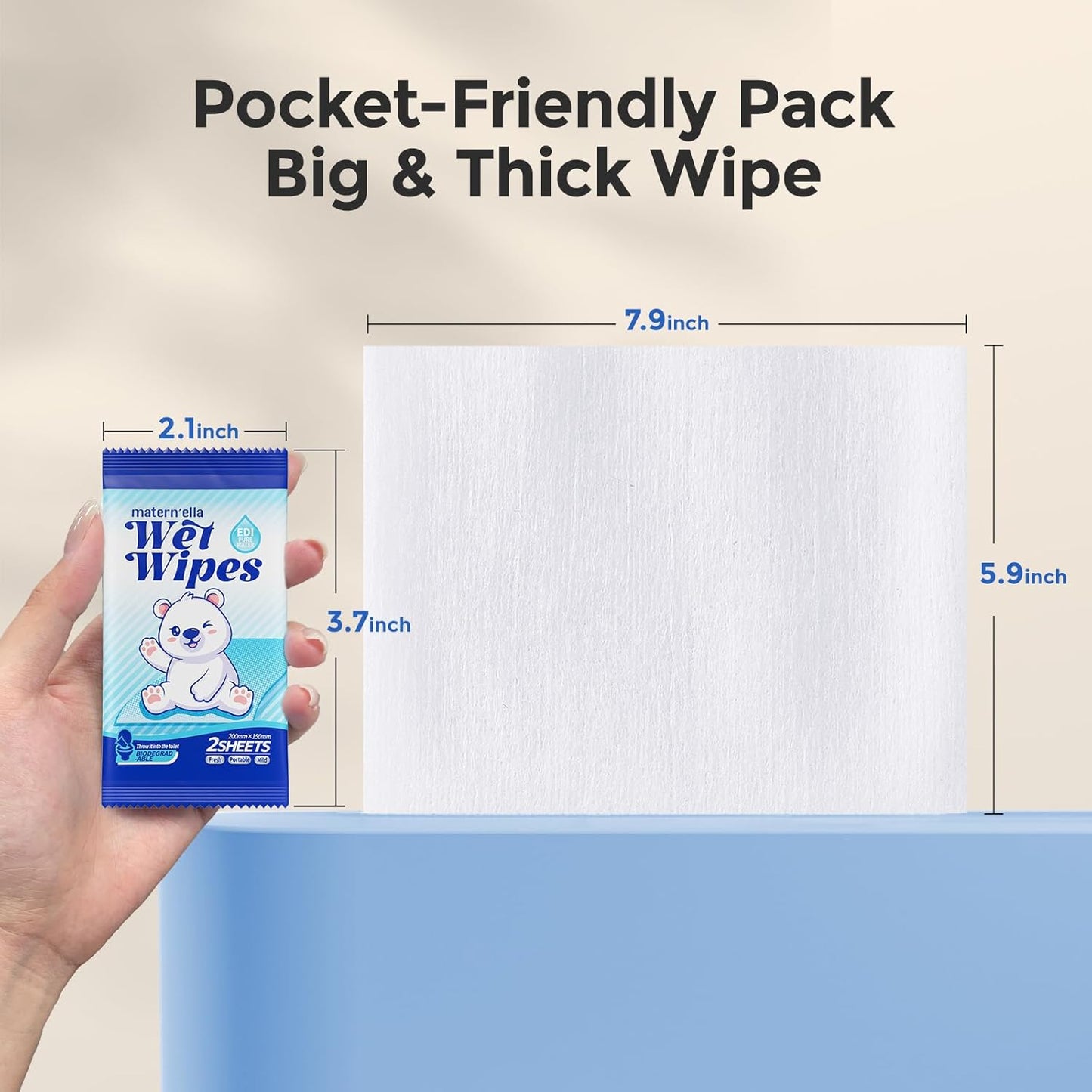 MATERN'ELLA Flushable Butt Wipes for Sensitive Skin, Pocket Friendly, Calendula & Centella Asiatica Extract & EDI Pure Water, Fragrance free & Extra Large 90 Packs 180 Total Wipes