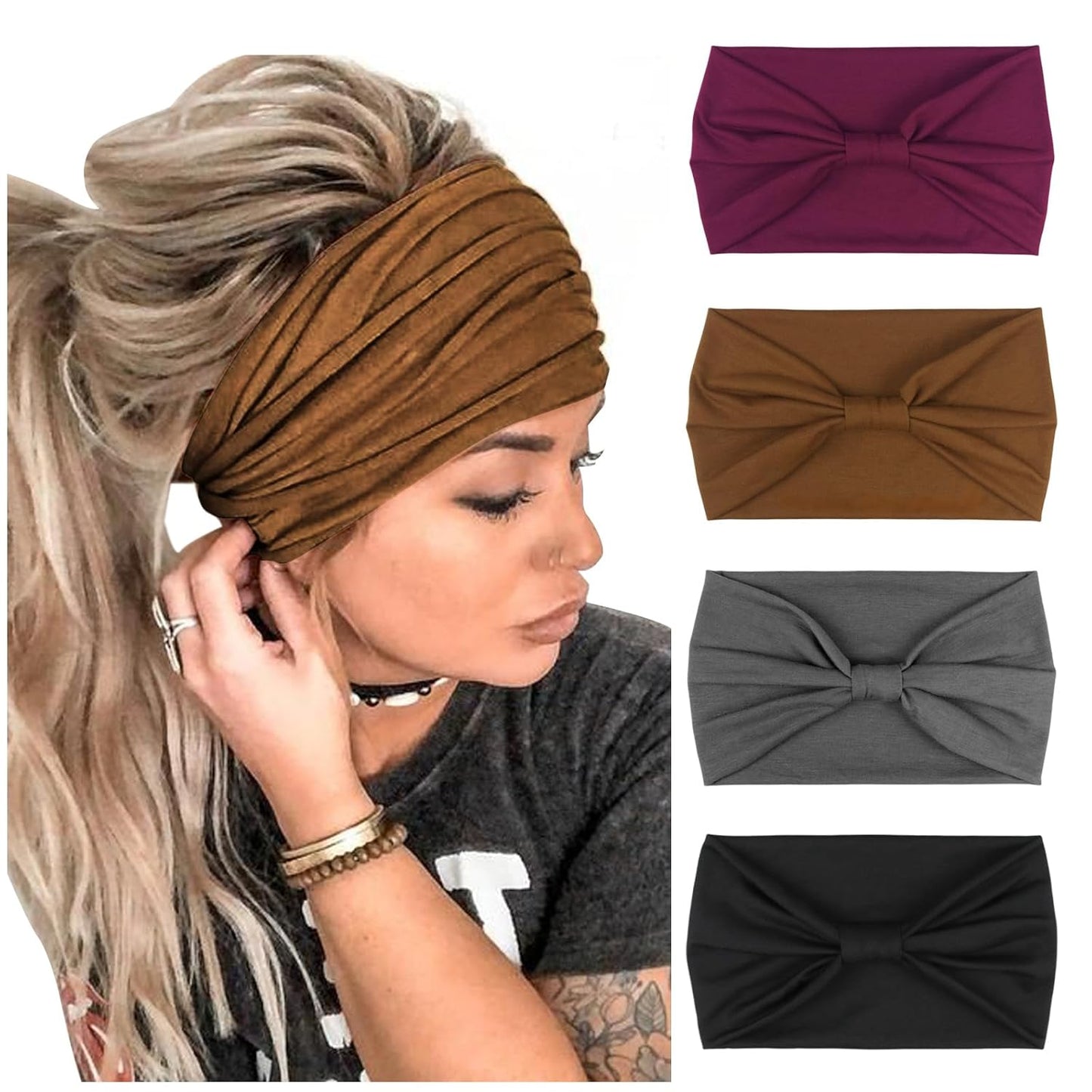 DRESHOW 4 Pack Turban Headbands for Women Wide Vintage Head Wraps Knotted Cute Hair Band Accessories