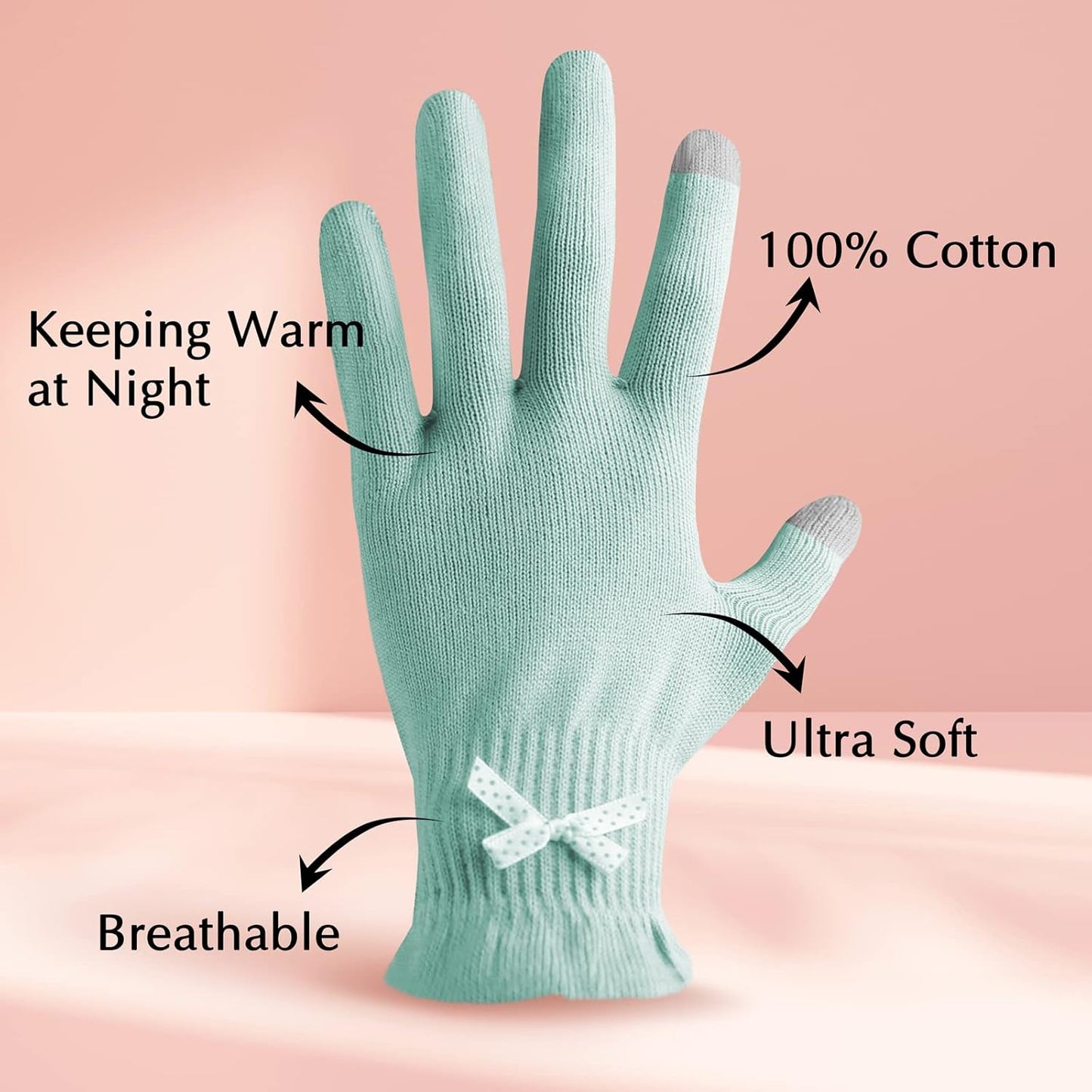 Evridwear Beauty Cotton Gloves with Touchscreen Fingers for SPA, Eczema, Dry Hands, Hand Care, Day and Night Moisturizing, (2 Pair L/XL, Feather Weight Mint Green Color)