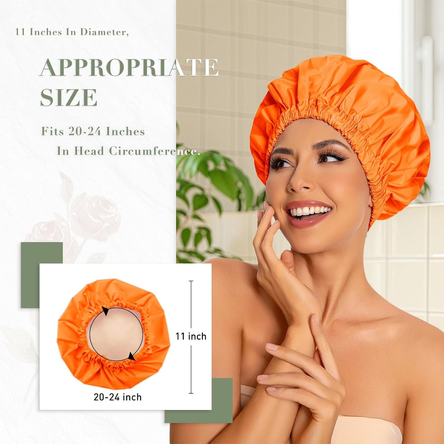 Reusable Shower Cap for Women, Large Waterproof Shower Essentials Bonnet Washable Elastic Band Bath Hair Wrap Hat for Long Hair, Braids(Orange)