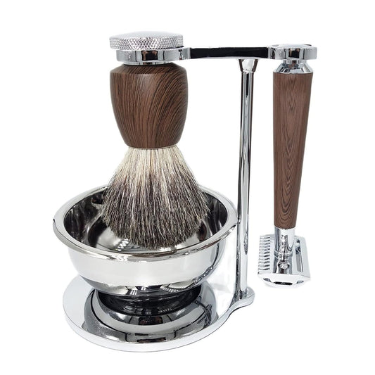 Professional Shaving Set for Men,Include Wet Shave Beard Safety Razor,10 Razor Blades,Rosewood Grain Handle Badger Hair Salon Shave Brush and Bowl Stand -Unique Gift for Father's Day