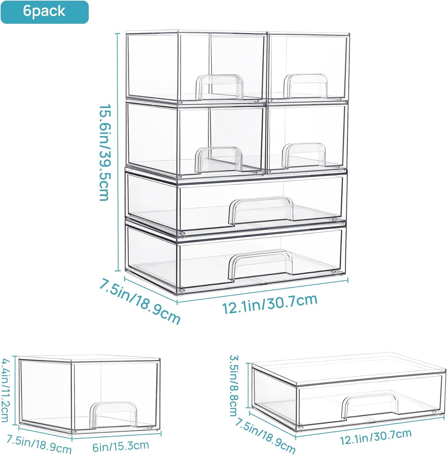 Vtopmart Stackable Storage Drawers Set of 6, Clear Plastic Organizer Bins for Bathroom Supplies,Ideal for Cabinet,Pantry,Laundry Room Organization