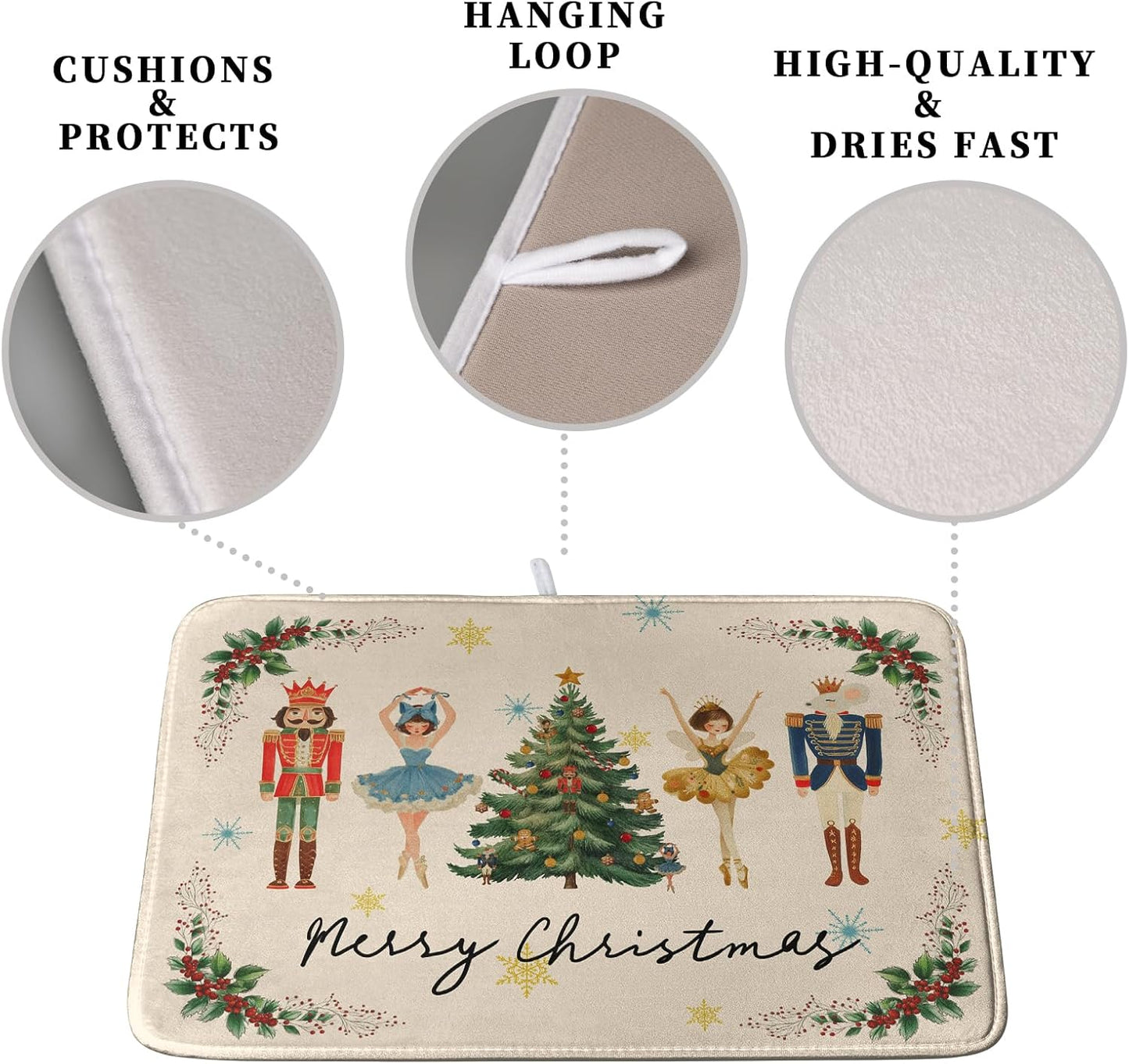 Merry Christmas Nutcracker Dish Drying Mat for Kitchen Counter 18x24 Inch Winter Xmas Tree Snowflakes Drying Mats Microfiber Absorbent Dish Drainer Washable Dish Rack Pad for Sink Coffee Bar