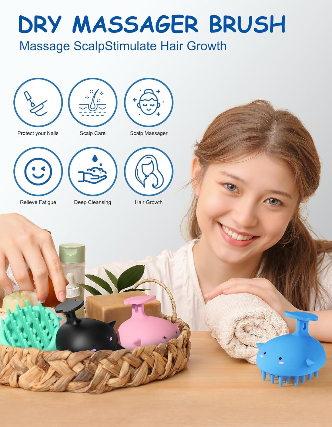 Scalp Massager Hair Growth Shampoo Brush, Silicone Scalp Scrubber Shower Scalp Brush for Hair, Head Massager Scalp Exfoliator for Dandruff Removal, Wet Dry Scalp Massage Tool for Hair Care, Blue