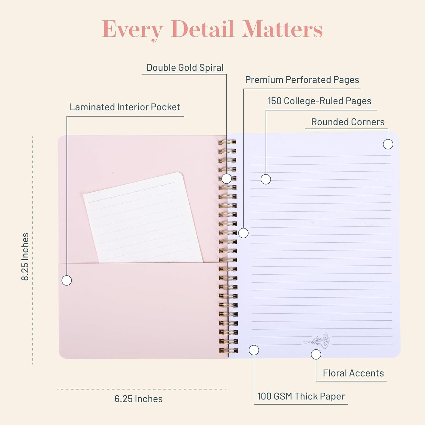 Happy Hoos® Aesthetic Spiral Notebook - 6.25" x 8.25" College Ruled Journal Notebook - Hard Cover Writing Journal for Work, School, Travel, More - Floral Notebook 8 Seasonal Designs(Summer Garden)