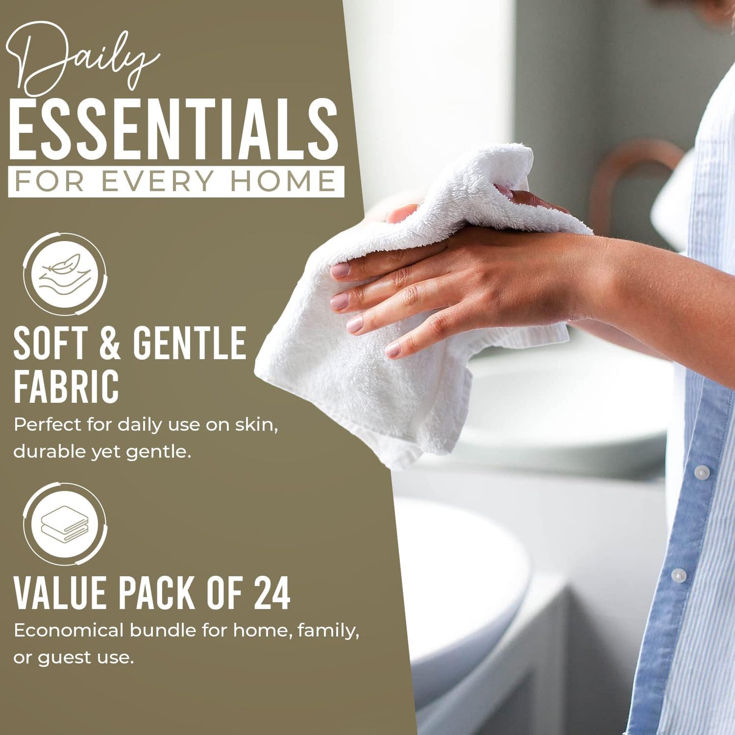 DAN RIVER 100% Cotton Wash Cloths 24 Pack [12x12] Soft & Absorbent face Cloth, Gym, Hotels & Spa Perfect for Everyday Use Fingertip Towels, Beige