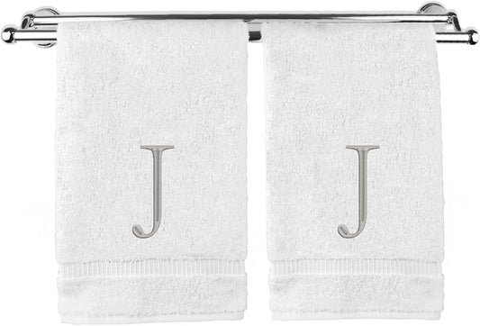 Monogrammed Hand Towel, Personalized Initial Gift, Extra Absorbent 100% Turkish Cotton - Soft Terry Finish - Set of 2 - Silver Block Initial J - Embroidered on White Towels