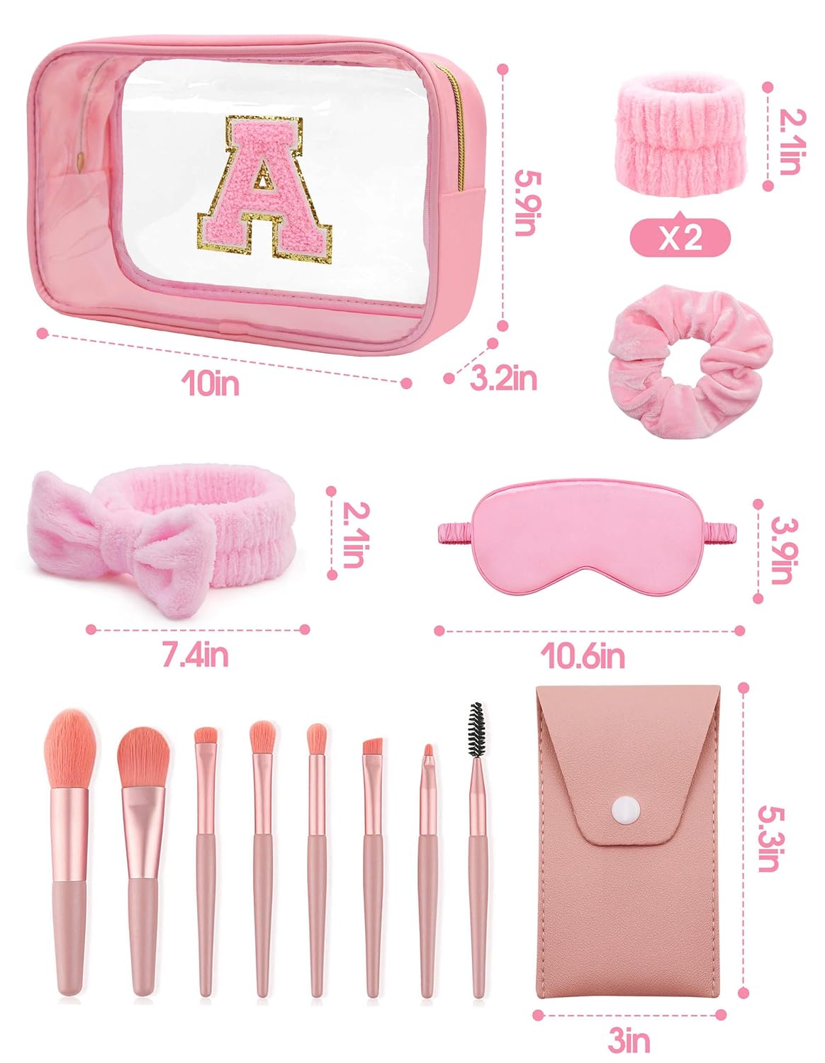 Gift Sets for Women, Initial Makeup Bag with Makeup Brush Set Bachelorette Party Favors, Pink Spa Kit with Skincare Headbands Wrist Bands Sleepover Party Supplies Gifts for Teen Girls Bridesmaid A