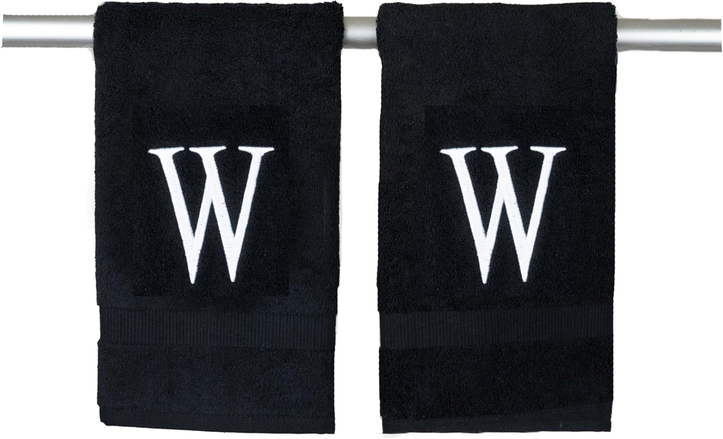 Black Luxury Hand Towel for Bathroom - Monogrammed Initial Hotel Quality Decorative Embroidered Towel for Powder Room, Spa - GOTS Organic Certified - Pack of 2 - Letter W