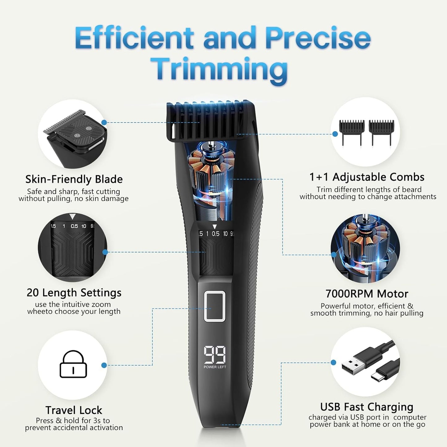 Beard Trimmer for Men, 20 Length Adjustable, Cordless Waterproof Clippers, Stainless Steel T-Blade for Precision Facial Hair Trimming with 2 Guide Combs, Travel Lock, LED Display