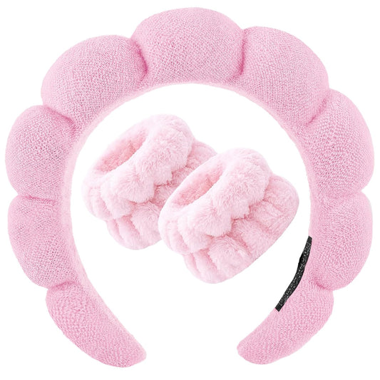 Zkptops Spa Headband for Washing Face Wristband Set Sponge Makeup Skincare Headband Terry Cloth Bubble Soft Get Ready Hairband Women Girl Puffy Padded Headwear Non Slip Thick Hair Accessory(Pink-2)