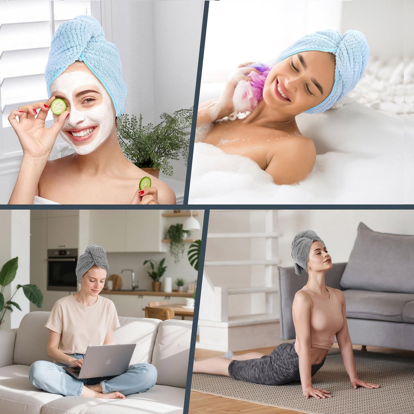 BEoffer 2 Pack Microfiber Hair Towel - 41 x 24 inches Super Soft, Absorbent, Fast Drying Without Frizz Hair Towel Wrap for Women Long, Thick, Curly Hair - Hair Turbans with Elastic Strap