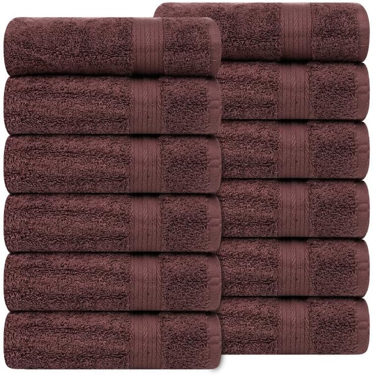 Ample Decor Hand Towel 18 X 28 Inch Pack of 12 600 GSM 100% Cotton,Oeko Tex Certified Soft Absorbent Thick Durable Premium Quality, for Hotel, Bathroom,Spa, Daily Use,Gym-Machine Washable-Brown