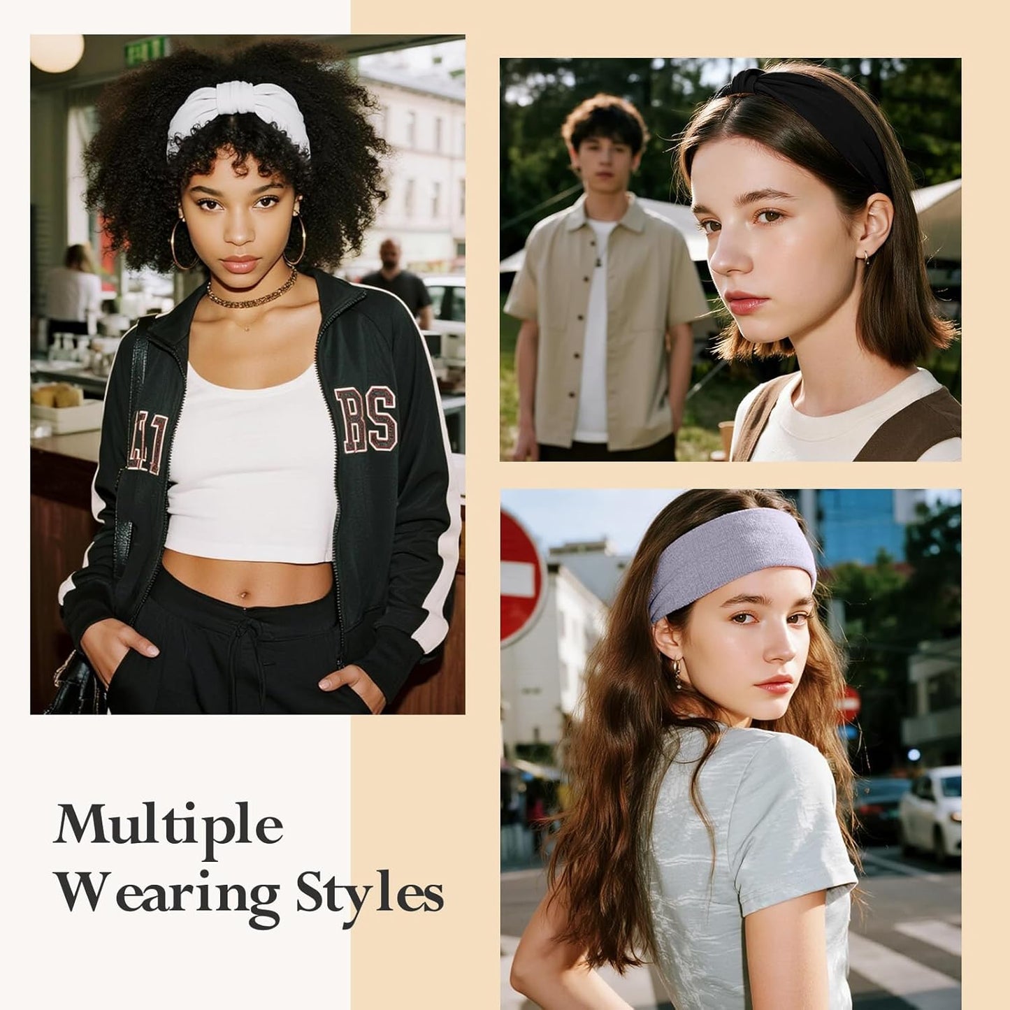 Headbands for Women, Wide Elastic Head Bands, Non-Slip Thick Hair Bands, Sports Stretchy Sweat Bands, Large Knotted Soft Headband for Washing Face, Makeup, Workout, Spa, Two Black/White/Gray