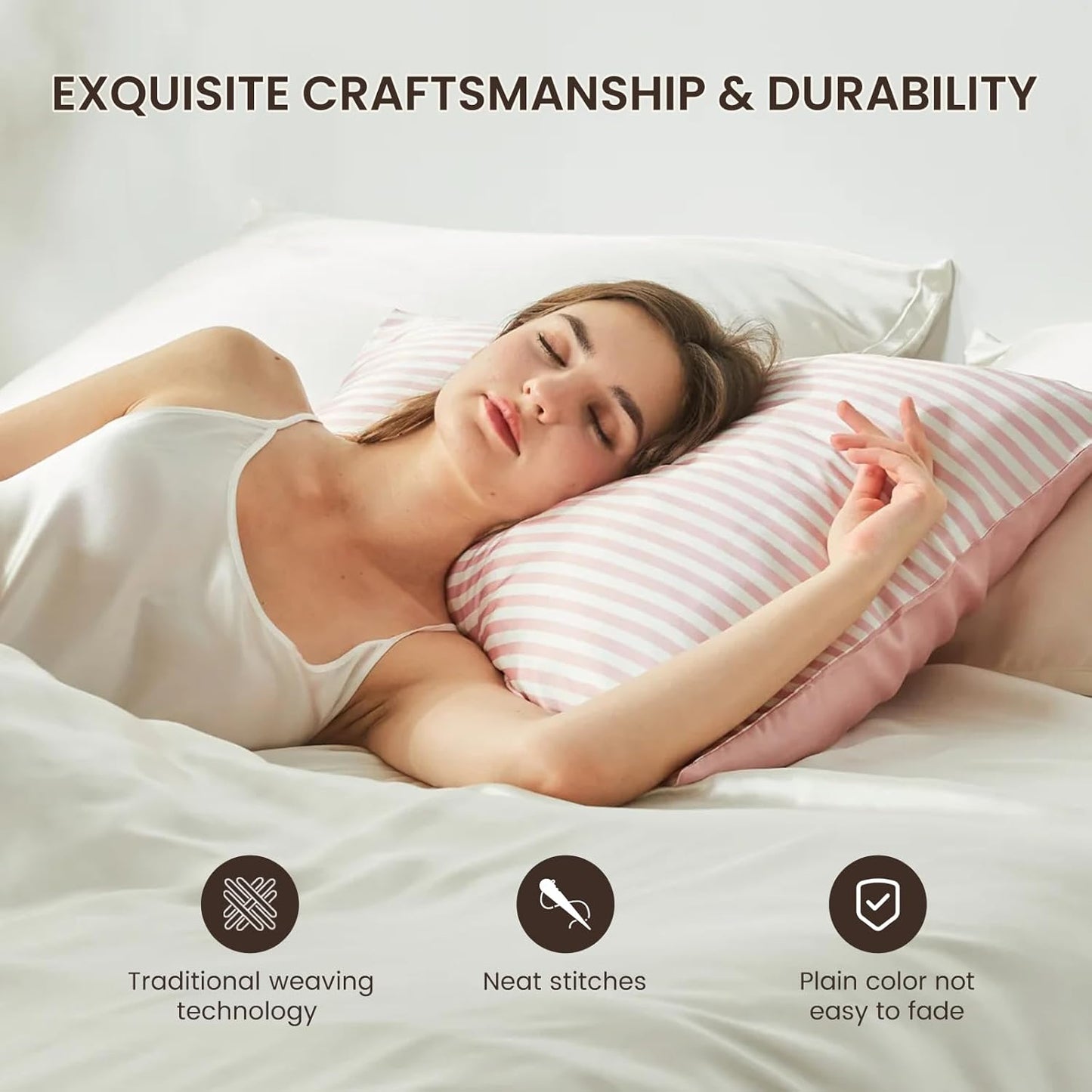 THXSILK Mulberry Silk Pillowcase for Hair and Skin Health, Grade 6A+ Mulberry Silk Pillowcase with Hidden Zipper, Soft and Breathable, 1pc (Standard 20"x26", Pink White Stripes)