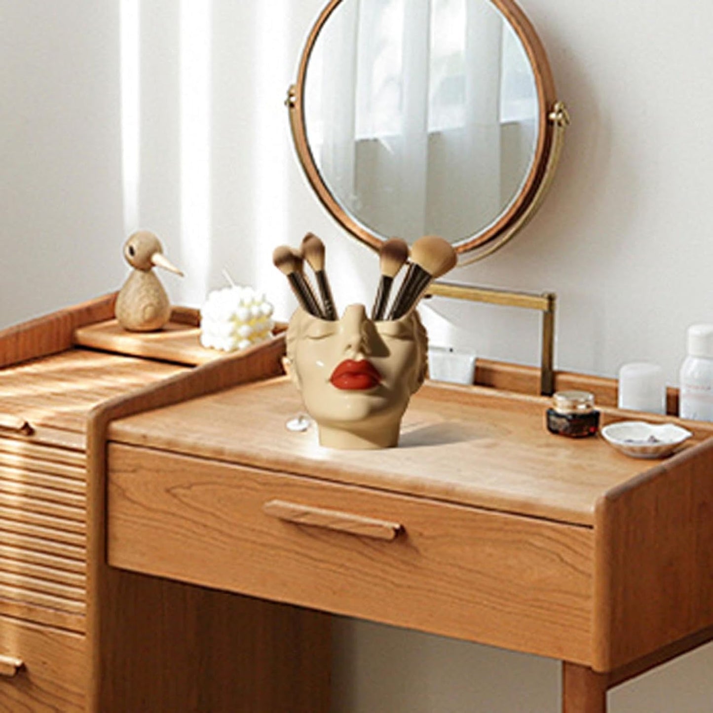 Makeup Brush Organizer, Boho Women Head Shape Sculpture, Modern Desk Decor Pen Holder, White Female Face Vase Bookshelf Decor, Office Shelf Organizer for Vanity, Living Room, Home (Beige 2)