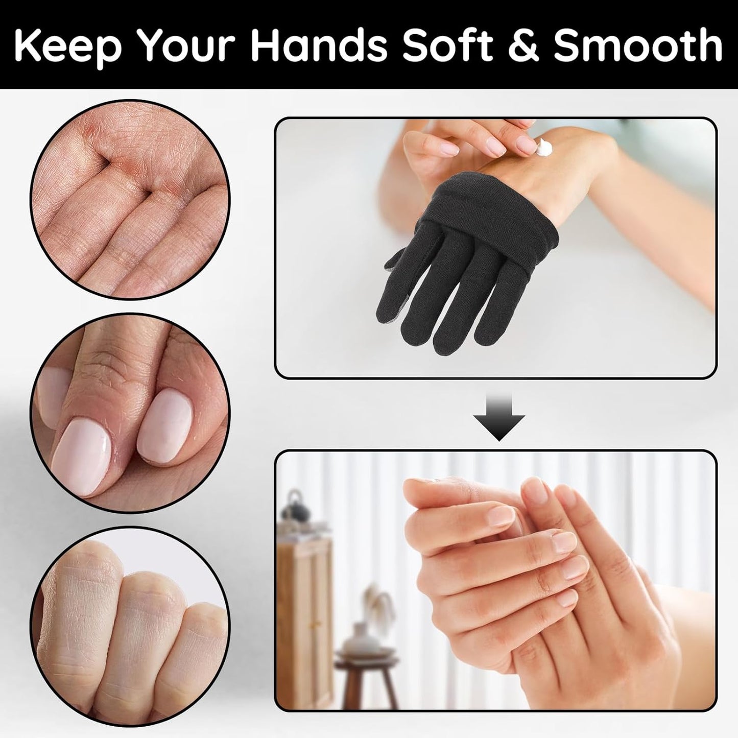 Segbeauty 16 Counts Elastic Cotton Work Gloves Black with Touchscreen Fingers, 8 Pairs Sleep Moisturizing Lotion Gloves Overnight for Women with Elastic Band, Spa Cotton Working Glove for Hand Care