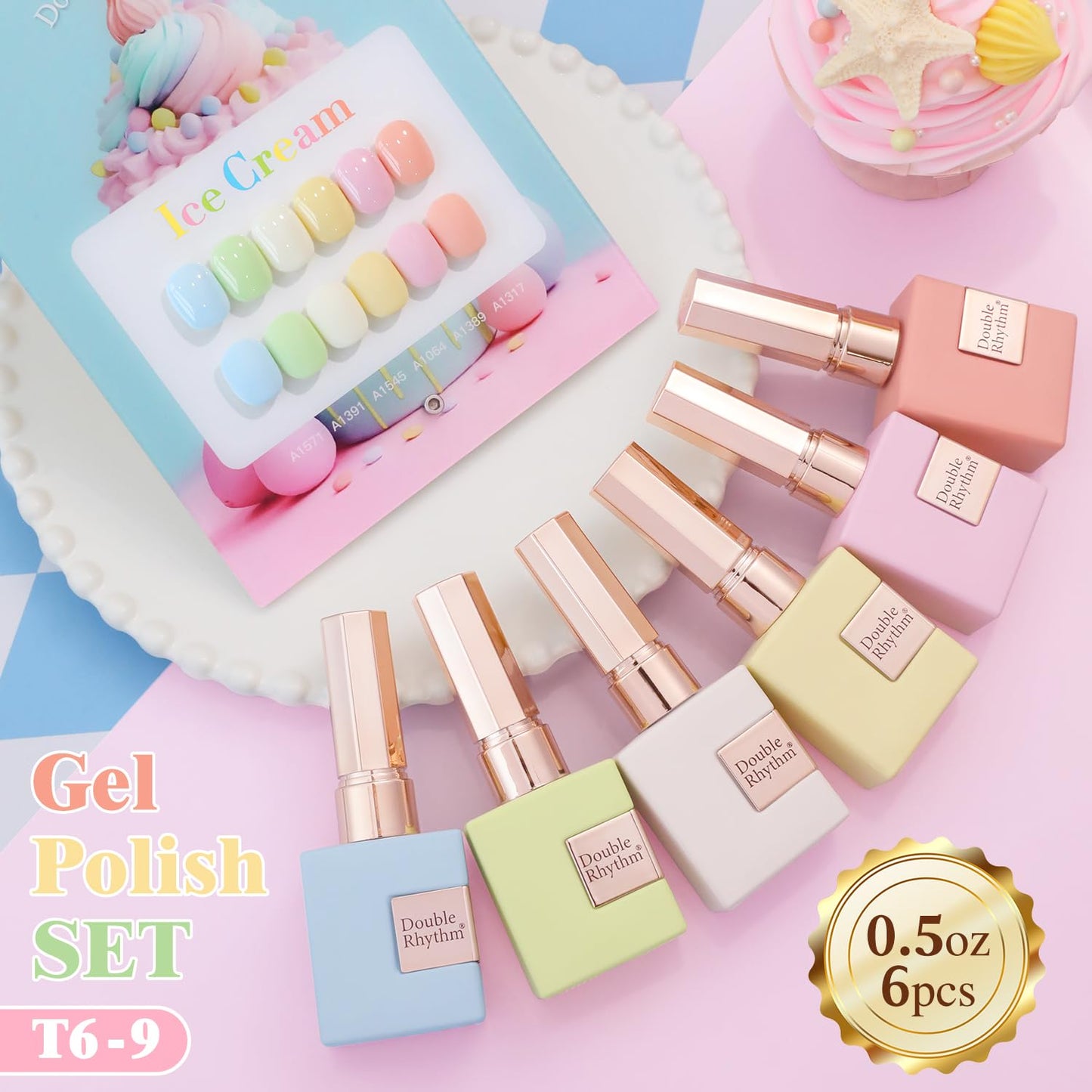 Double Rhythm 6 Pcs 15 ML Gel Polish Set Same Color Same Bottle Soak Off Gel Polish Kit Nail Art Manicure Salon DIY at Home for Women (Blue Green Beige Yellow Pink Orange-T6-9)