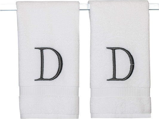 Dark Gray Luxury Hand Towel for Bathroom - Monogrammed Initial Hotel Quality Decorative Embroidered Towel for Powder Room, Spa - GOTS Organic Certified - Pack of 2, Letter D