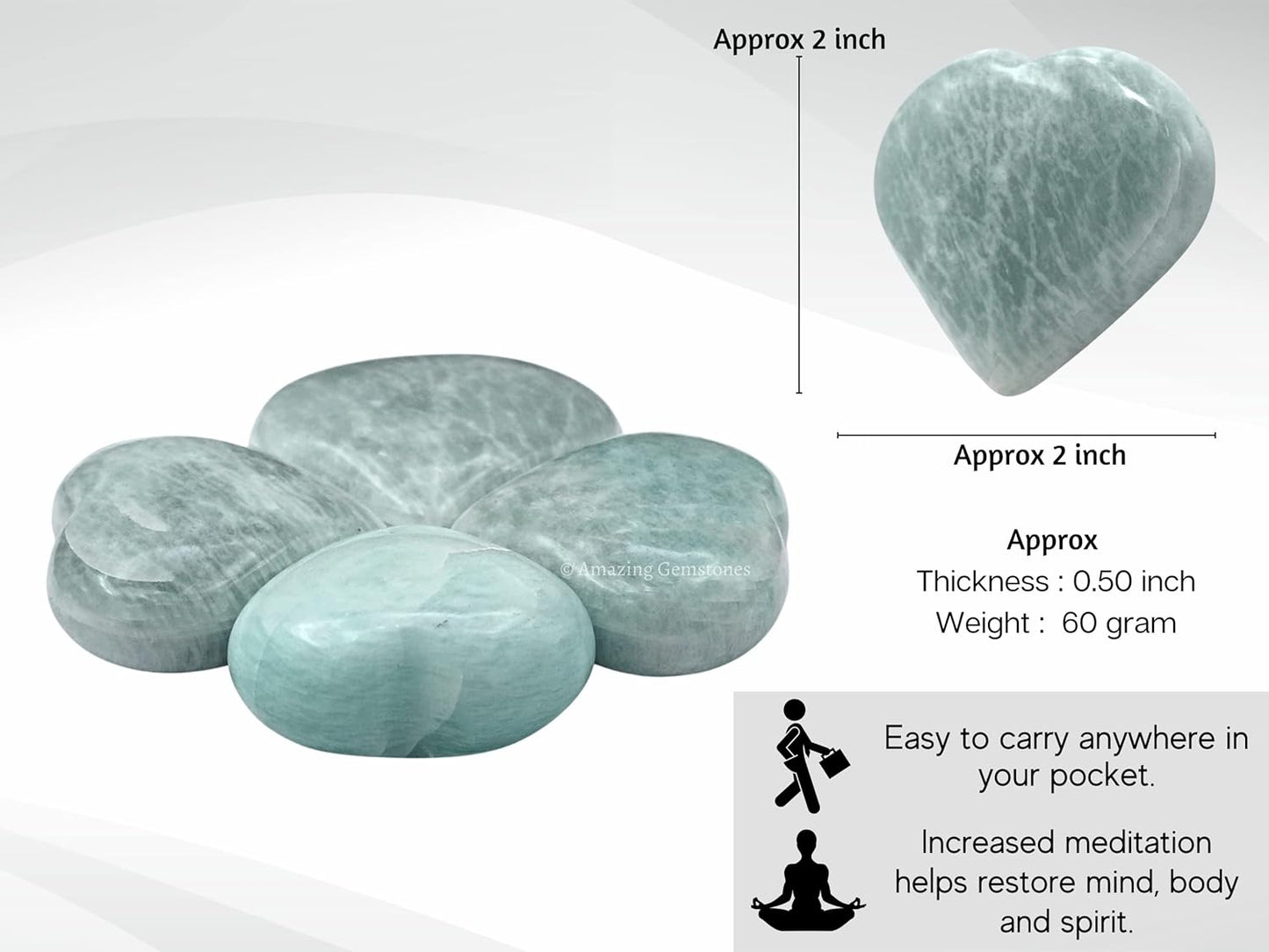 Amazing Gemstone Amazonite Crystal Heart Palm Stone - Pocket Massage Worry Stone for Natural Body Chakra Balancing, Reiki Healing and Crystal Grid