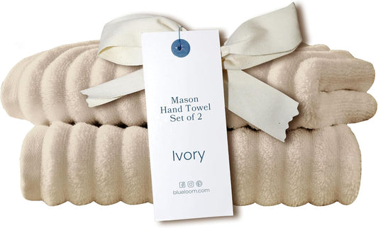 Blue Loom Ribbed Hand 2 Towels Set, 100% Cotton 600GSM, Soft Absorbent Durable Quick Drying for Bathroom - Mason 2 Piece 18" x 30" - Ivory