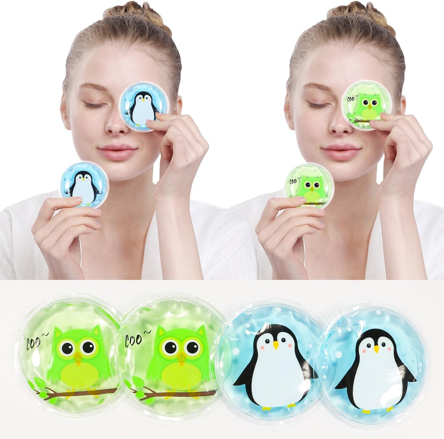Gel Ice Pack Reusable, Cooling Eye Pads and Patches, Hot and Cold Eye Pads - Soothing, Revitalizing, Puffiness, Refresh, Relieves Stress, Relax, Relieves Puffiness and Tension(2 Penguins+2 Owls)