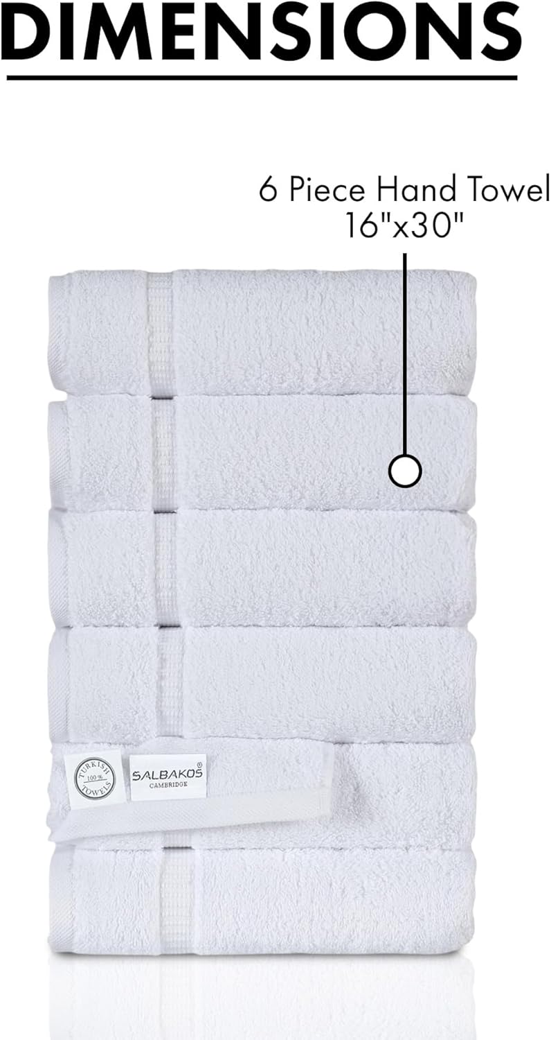SALBAKOS 100% Turkish Cotton Hand Towel Set of 6 16x30 inch | Heirloom Quality | Hotel & Spa Collection | Ultra Soft, Super Absorbent, Long Lasting Hand Towels | Made in Turkey (White, 6 Hand Towels)