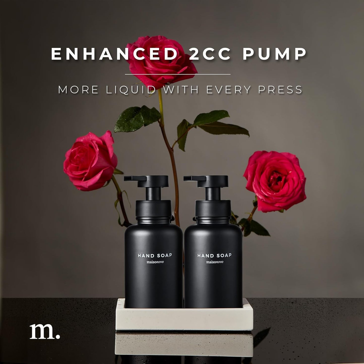 MaisoNovo Glass Foaming Soap Dispenser | Black Glass Black Pumps x 2 with Tray