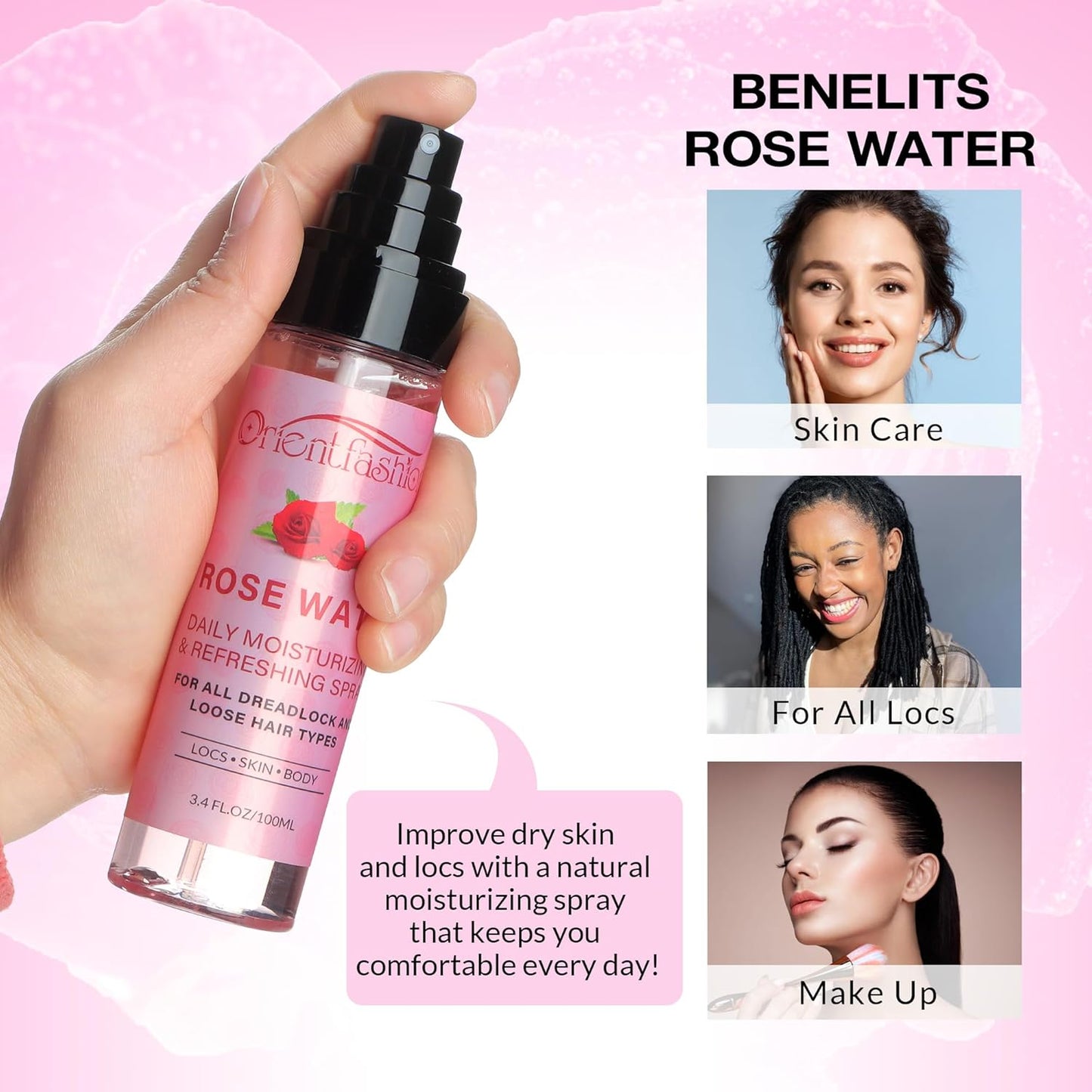 Orientfashion Moisturizing Refreshing Spray for Locs - Rose Water and Peppermint Hair Scalp Moisturizer Natural Loc Care and Maintenance (Rose, 3.4 Fl oz)