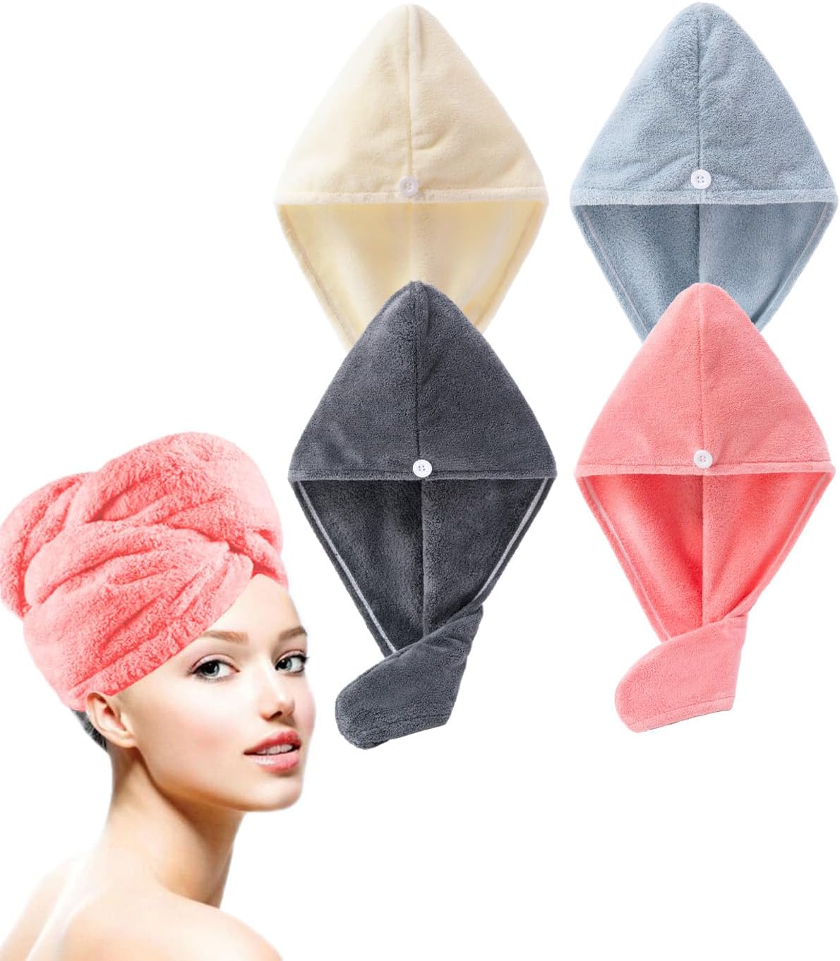 Hair Towel Wrap 4 Pack for Women - Microfiber Fast Dry Turban, Anti Frizz Button Design, Lightweight Absorbent Hair Cap for Straight/Curly/Long Hair, 25cm x65cm Travel Towel (4 Colors)