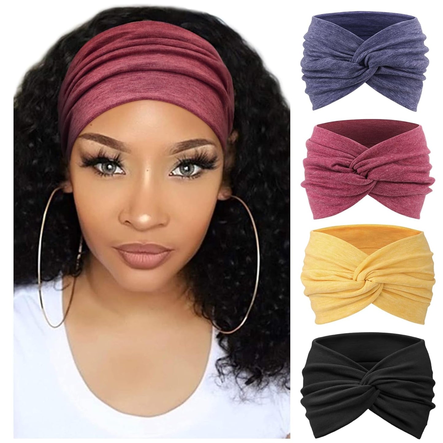 DRESHOW Extra Wide Headbands for Women Cotton Turban Knotted Bandana Head Bands Non Slip Boho Hair Accessories for Sports & Yoga