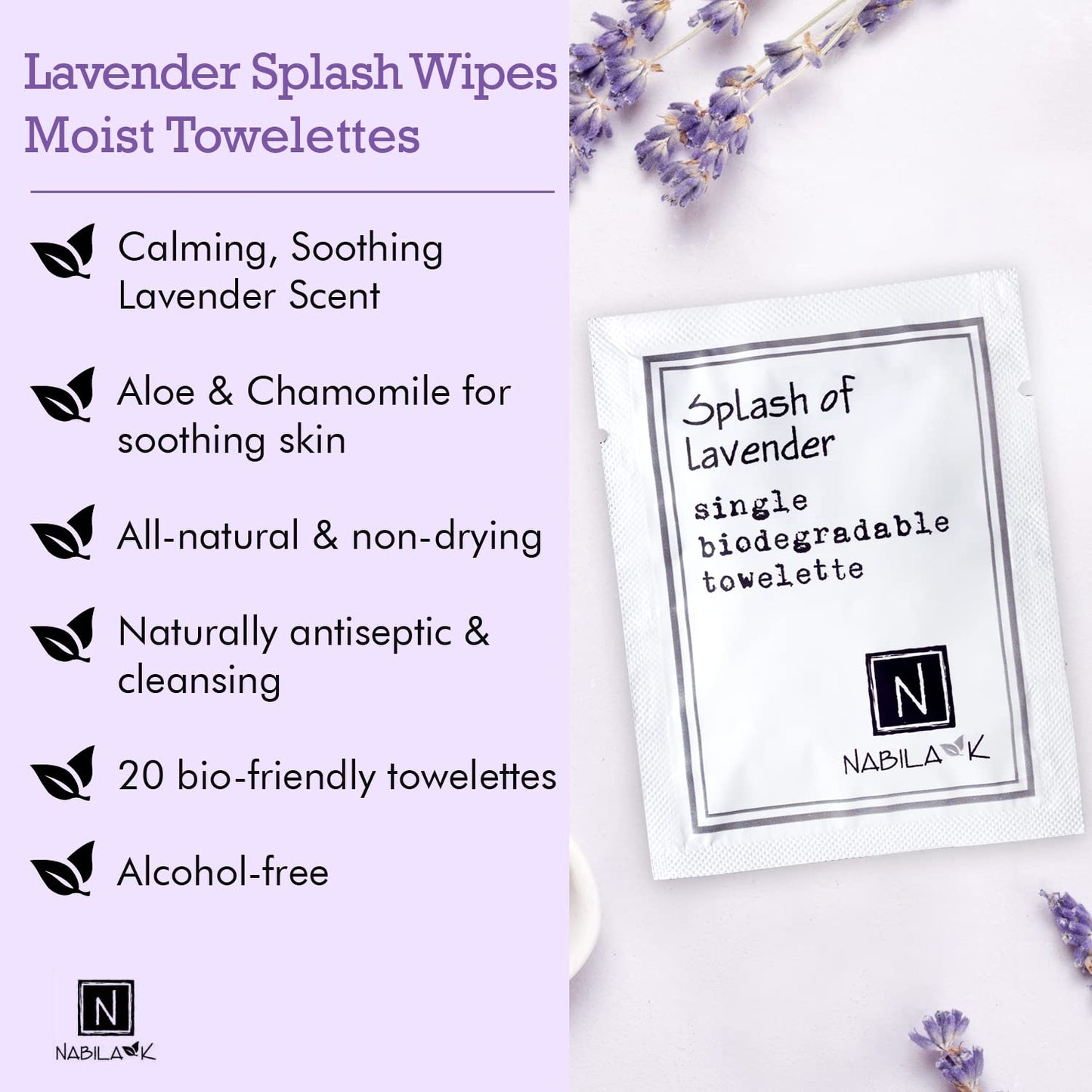 Splash of Lavender Scented Moist Towelettes Single Use by Nabila K - Alcohol-Free, Plant-Based with Natural Ingredients - Individually Wrapped Disposable Travel Size Wipes with Bamboo Case - 20 Count
