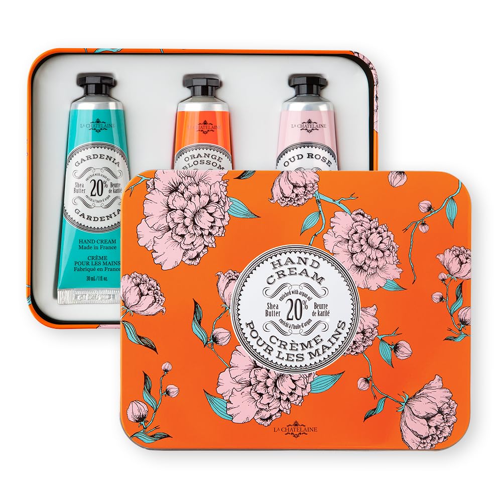 La Chatelaine Hand Cream Trio Tin, Holiday Gift Set, Natural Hand Lotion, Made in France with 20% Organic Shea Butter, Nourishing (Gardenia or Coconut Milk, Orange Blossom, Oud Rose) 3 x 1 fl. oz