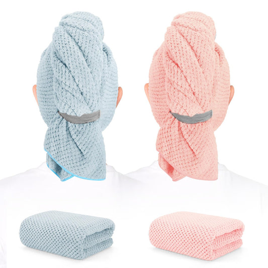 BEoffer 2 Pack Microfiber Hair Towel - 41 x 24 inches Super Soft, Absorbent, Fast Drying Without Frizz Hair Towel Wrap for Women Long, Thick, Curly Hair - Hair Turbans with Elastic Strap
