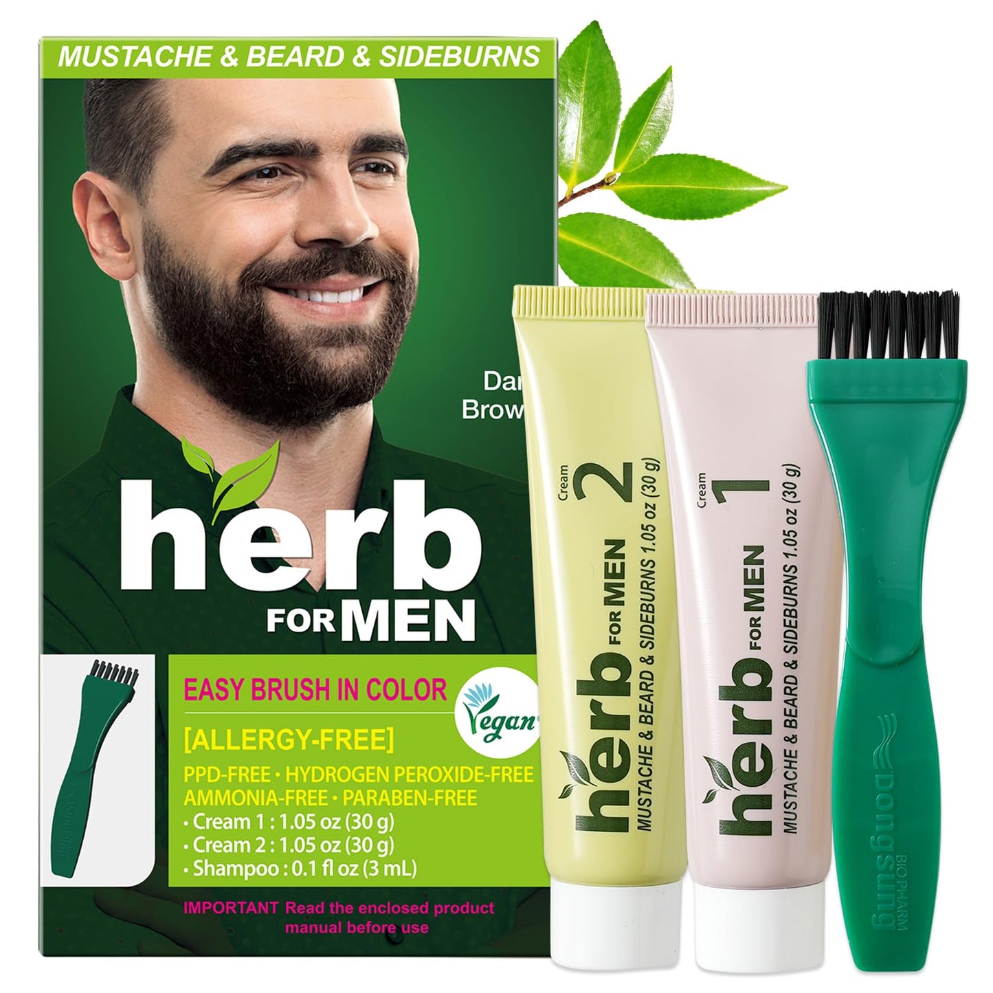 Herb For Men Mustache & Beard Dye (Dark Brown, 1 Pack), PPD-Free Ammonia-Free, Vegan with Natural Ingredients, Odorless, Gentle for Sensitive Skin, No Skin Irritation