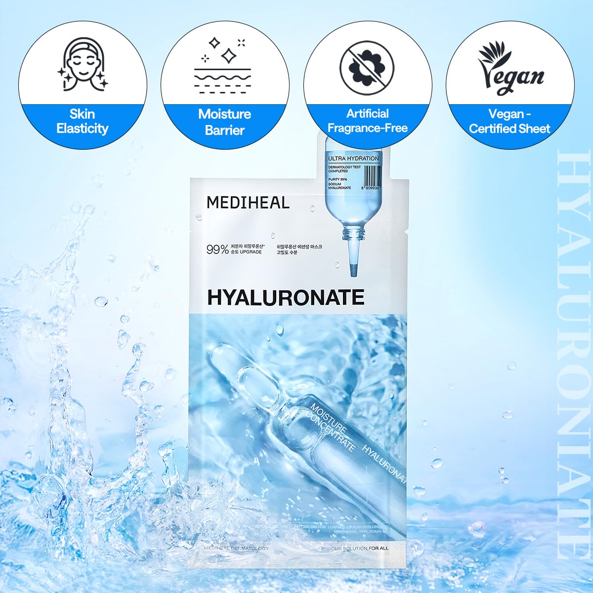 Mediheal Essential Mask (10pcs, Hyaluronate) 98% Pure Hyaluronic Acid for Long-lasting Hydration, Deep Skin Absorption & Moisture Barrier Vegan formula